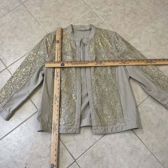Chico's Platinum Jacket Taupe Gold Lace Overlay Open Front Size 3 ( X- Large ) - Picture 6 of 11